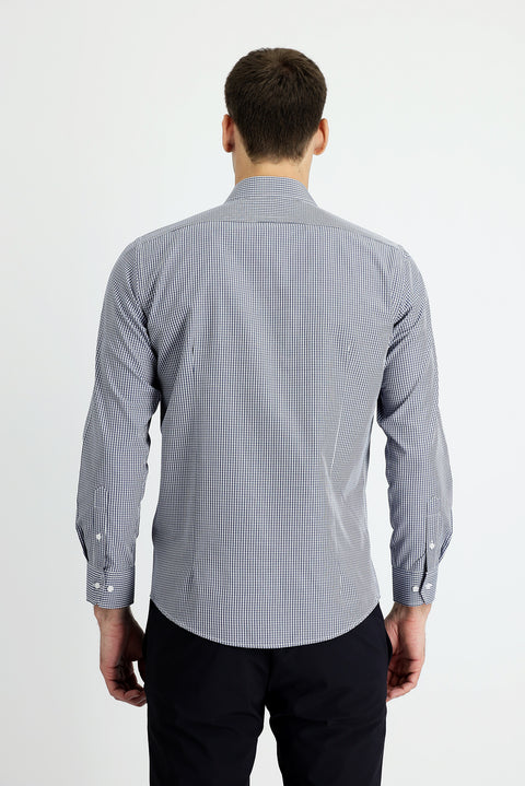 Dark Navy Long Sleeve Slim Fit Narrow Cut Plaid Cotton Easy-Iron Shirt