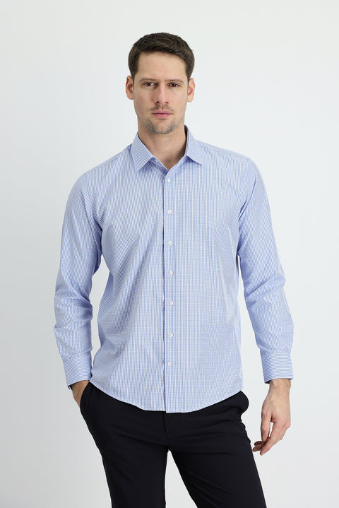Mavi Uzun Kol Slim Fit Dar Kesim Ekose Pamuklu Kolay Ütülenebilir Gömlek