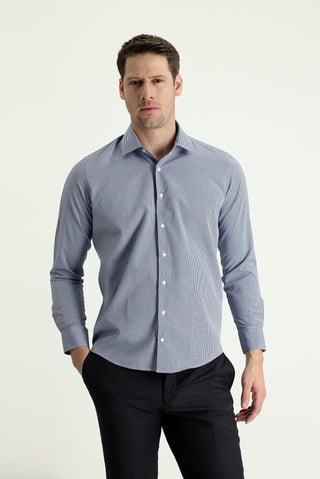 Açık Lacivert Uzun Kol Slim Fit Dar Kesim Desenli Pamuklu Kolay Ütülenebilir Gömlek
