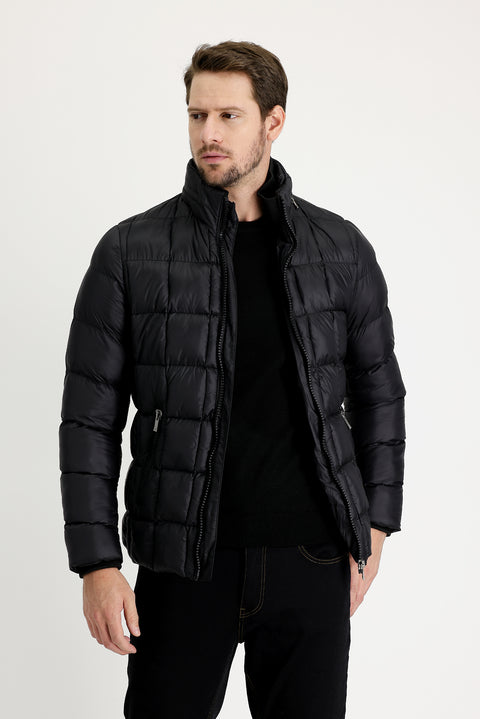 Black Slim Fit Quilted Hooded Jacket