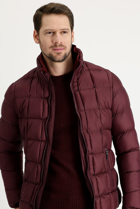 Koyu Bordo Slim Fit Dar Kesim Kapüşonlu Kapitone Mont