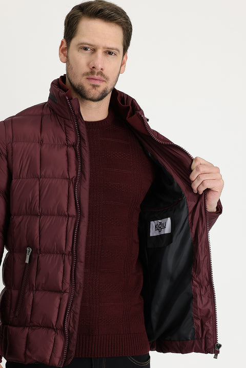 Koyu Bordo Slim Fit Dar Kesim Kapüşonlu Kapitone Mont