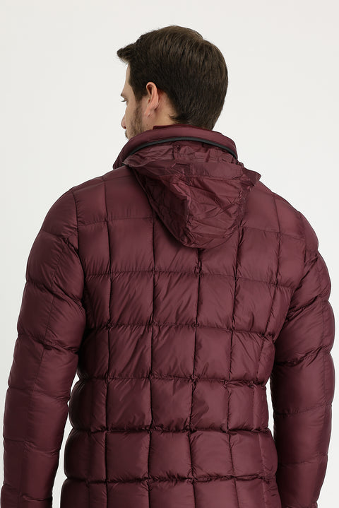 Koyu Bordo Slim Fit Dar Kesim Kapüşonlu Kapitone Mont