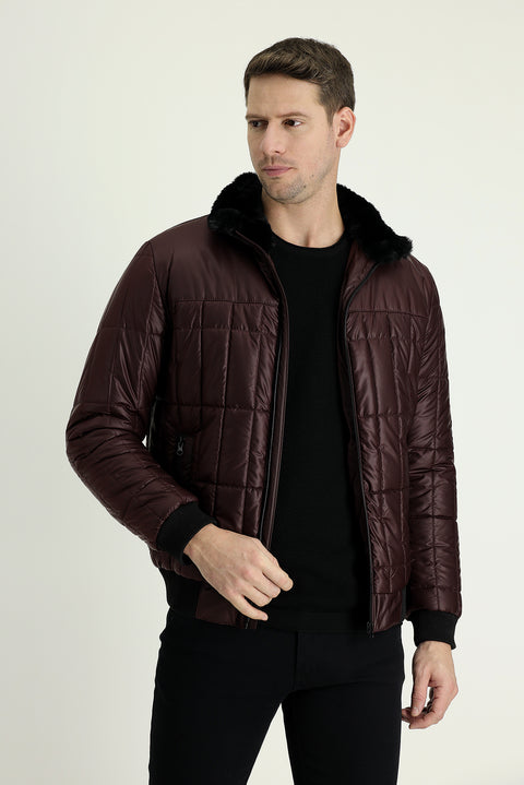 Koyu Bordo Kürk Yaka Spor Şişme Mont
