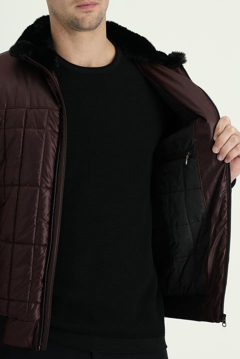 Koyu Bordo Kürk Yaka Spor Şişme Mont