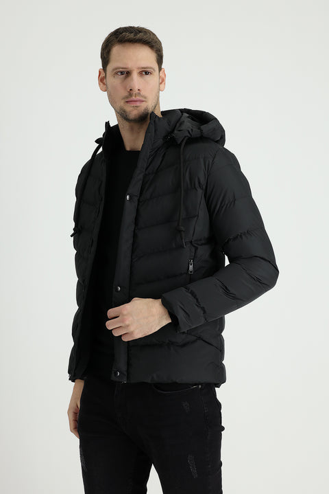 Black Slim Fit Narrow Cut Hooded Puffer Jacket