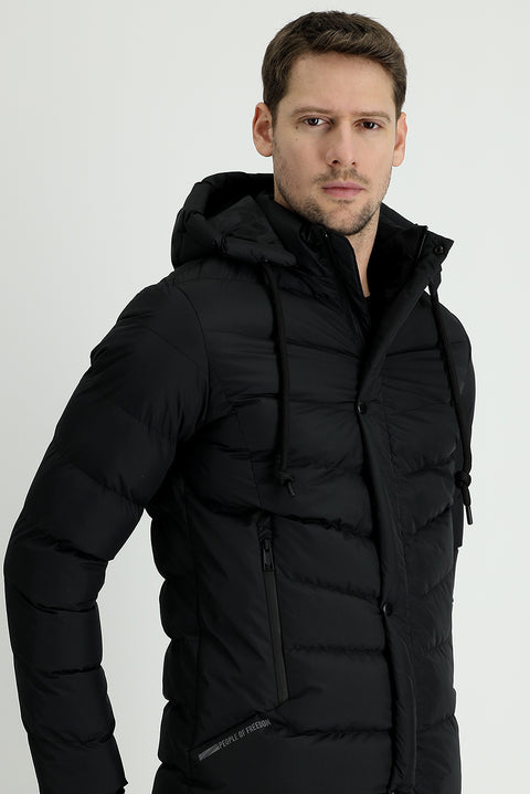 Black Slim Fit Narrow Cut Hooded Puffer Jacket