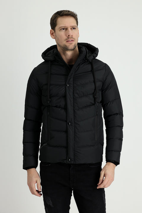 Black Slim Fit Narrow Cut Hooded Puffer Jacket