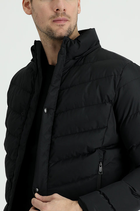Black Slim Fit Narrow Cut Hooded Puffer Jacket