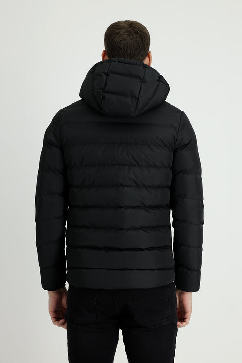 Black Slim Fit Narrow Cut Hooded Puffer Jacket