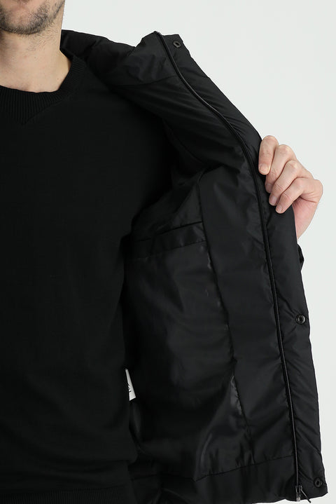 Black Slim Fit Narrow Cut Hooded Puffer Jacket