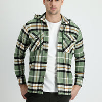 Fıstık Yeşili Slim Fit Dar Kesim Kapüşonlu Ekose Shacket Gömlek/Mont