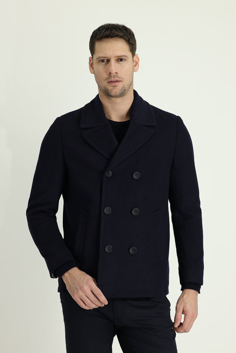 Koyu Lacivert Slim Fit Dar Kesim Yünlü Kruvaze Kaban