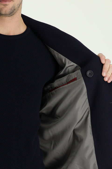 Koyu Lacivert Slim Fit Dar Kesim Yünlü Kruvaze Kaban