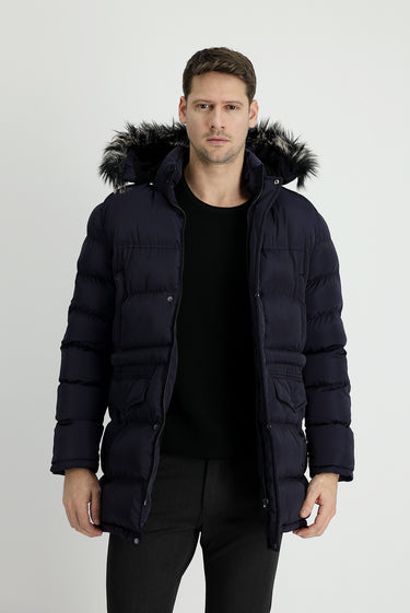 Koyu Lacivert Kapüşonlu Spor Şişme Kaban