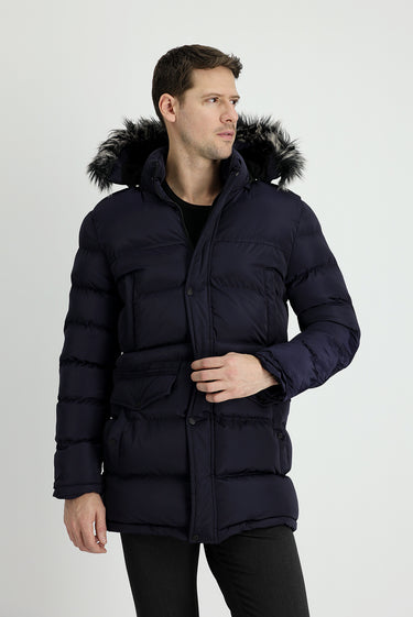 Koyu Lacivert Kapüşonlu Spor Şişme Kaban