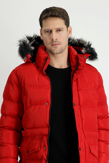 Koyu Kırmızı Kapüşonlu Spor Şişme Kaban