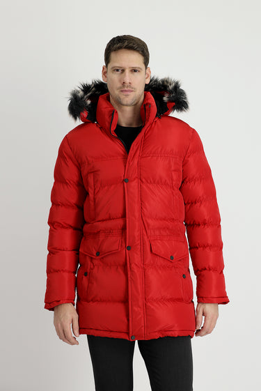 Koyu Kırmızı Kapüşonlu Spor Şişme Kaban