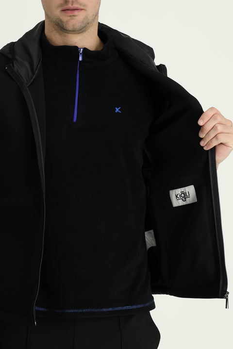 Siyah Slim Fit Dar Kesim Kapüşonlu Spor Yelek