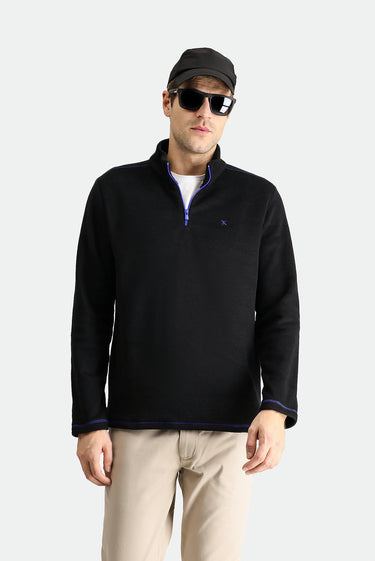 Siyah Yarım Fermuarlı Nakışlı Polar Sweatshirt