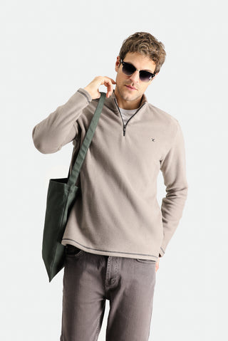 Orta Gri Melanj Yarım Fermuarlı Dik Yaka Soğuk Geçirmez Tüylenme Yapmayan Polar Sweatshirt