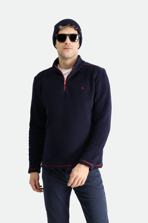 Dark Navy Half-Zip Stand-Up Collar Cold-Resistant, Non-Pilling Fleece Sweatshirt