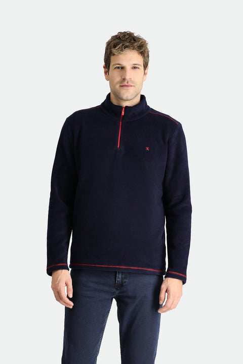 Dark Navy Half-Zip Stand-Up Collar Cold-Resistant, Non-Pilling Fleece Sweatshirt