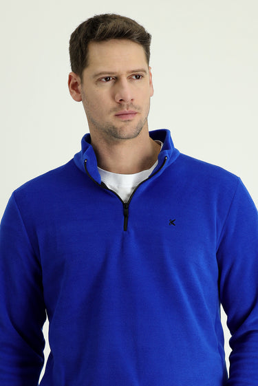 Saks Mavi Yarım Fermuarlı Nakışlı Polar Sweatshirt