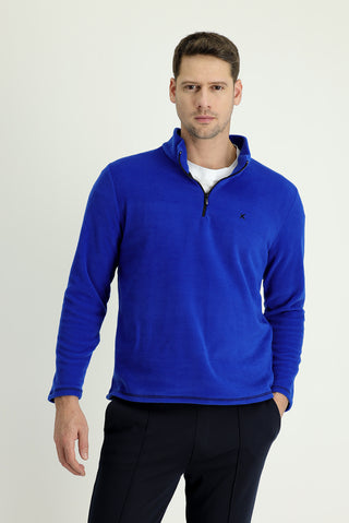 Saks Mavi Yarım Fermuarlı Dik Yaka Soğuk Geçirmez Tüylenme Yapmayan Polar Sweatshirt