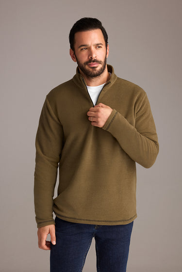 Orta Haki Yarım Fermuarlı Nakışlı Polar Sweatshirt