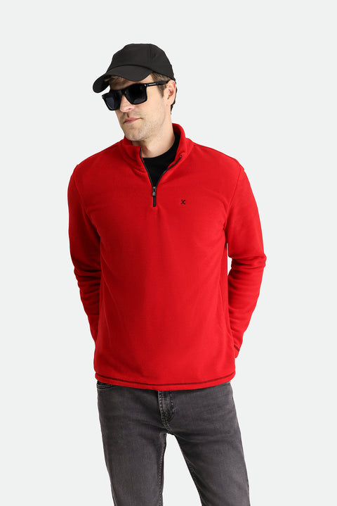Koyu Kırmızı Yarım Fermuarlı Dik Yaka Soğuk Geçirmez Tüylenme Yapmayan Polar Sweatshirt