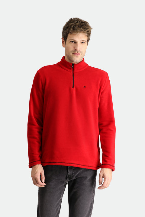 Koyu Kırmızı Yarım Fermuarlı Dik Yaka Soğuk Geçirmez Tüylenme Yapmayan Polar Sweatshirt