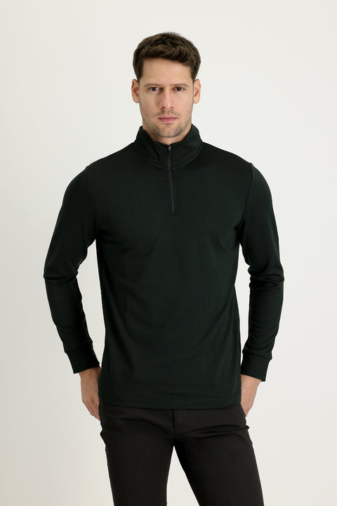 Orta Haki Yarım Balıkçı Yaka Slim Fit Dar Kesim Fermuarlı Sweatshirt