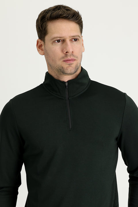 Orta Haki Yarım Balıkçı Yaka Slim Fit Dar Kesim Fermuarlı Sweatshirt