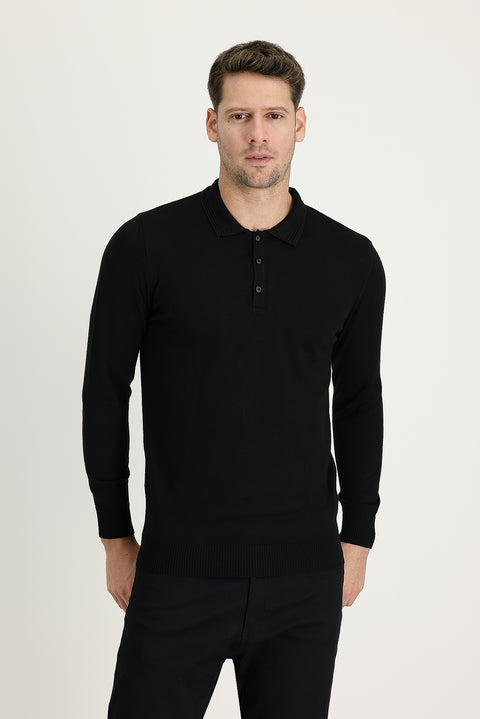 Siyah Polo Yaka Regular Fit Pamuklu Triko Kazak