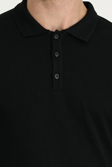 Siyah Polo Yaka Regular Fit Pamuklu Triko Kazak