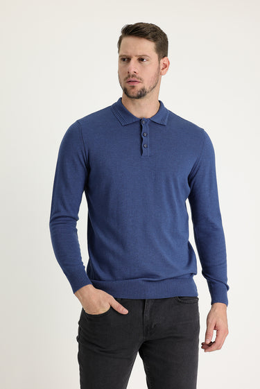 İndigo Melanj Polo Yaka Regular Fit Pamuklu Triko Kazak