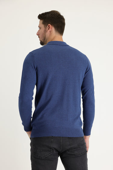 İndigo Melanj Polo Yaka Regular Fit Pamuklu Triko Kazak