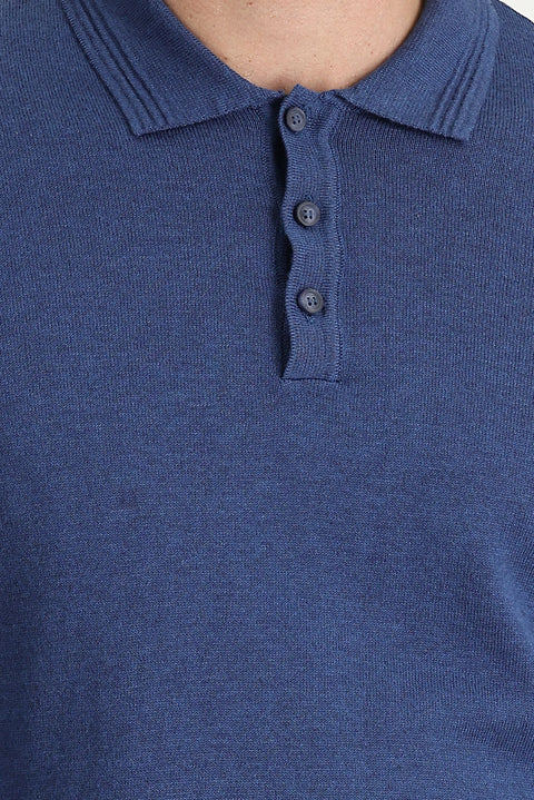 Indigo Mélange Polo Neck Regular Fit Knit Sweater