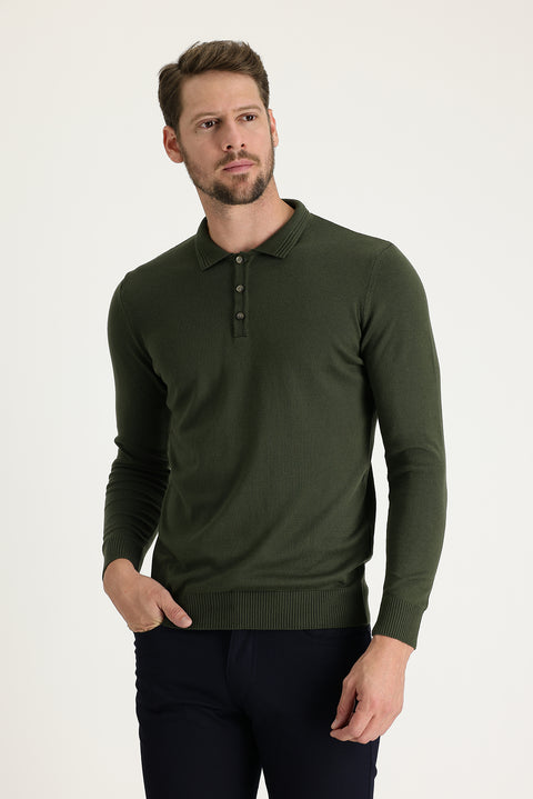 Orta Haki Polo Yaka Regular Fit Triko Kazak