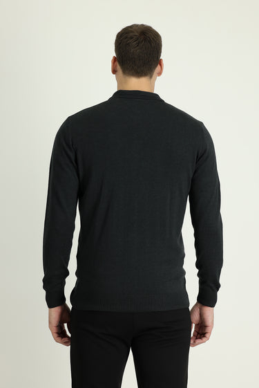 Koyu Antrasit Polo Yaka Regular Fit Pamuklu Triko Kazak