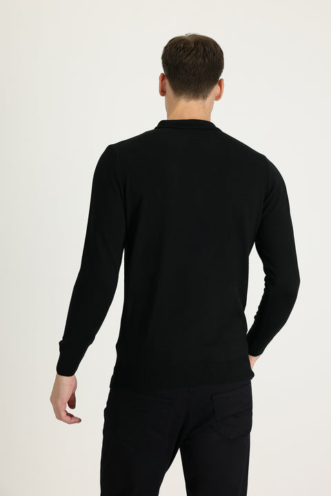 Siyah Polo Yaka Regular Fit Pamuklu Triko Kazak