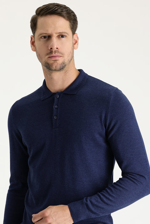 Medium Navy Melange Polo Collar Regular Fit Cotton Knit Sweater
