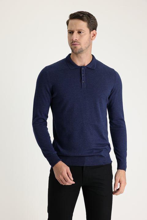 Medium Navy Melange Polo Collar Regular Fit Cotton Knit Sweater