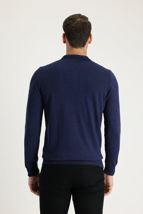 Medium Navy Melange Polo Collar Regular Fit Cotton Knit Sweater