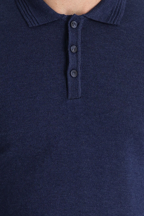 Medium Navy Melange Polo Collar Regular Fit Cotton Knit Sweater