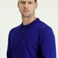Navy Blue Polo Collar Regular Fit Cotton Knit Sweater