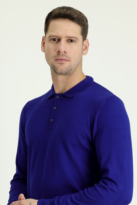 Navy Blue Polo Collar Regular Fit Cotton Knit Sweater