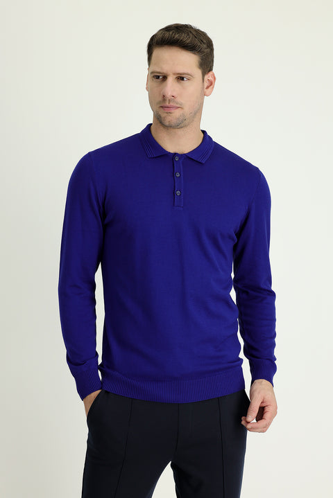 Navy Blue Polo Collar Regular Fit Cotton Knit Sweater