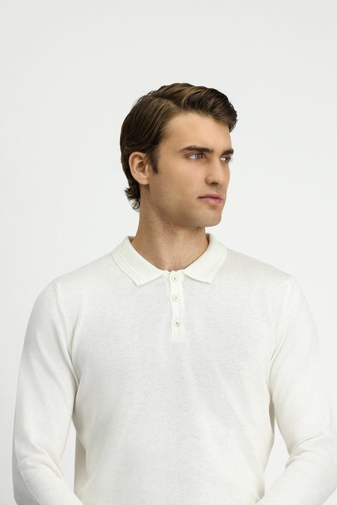 Off-white Polo Collar Regular Fit Cotton Knit Sweater